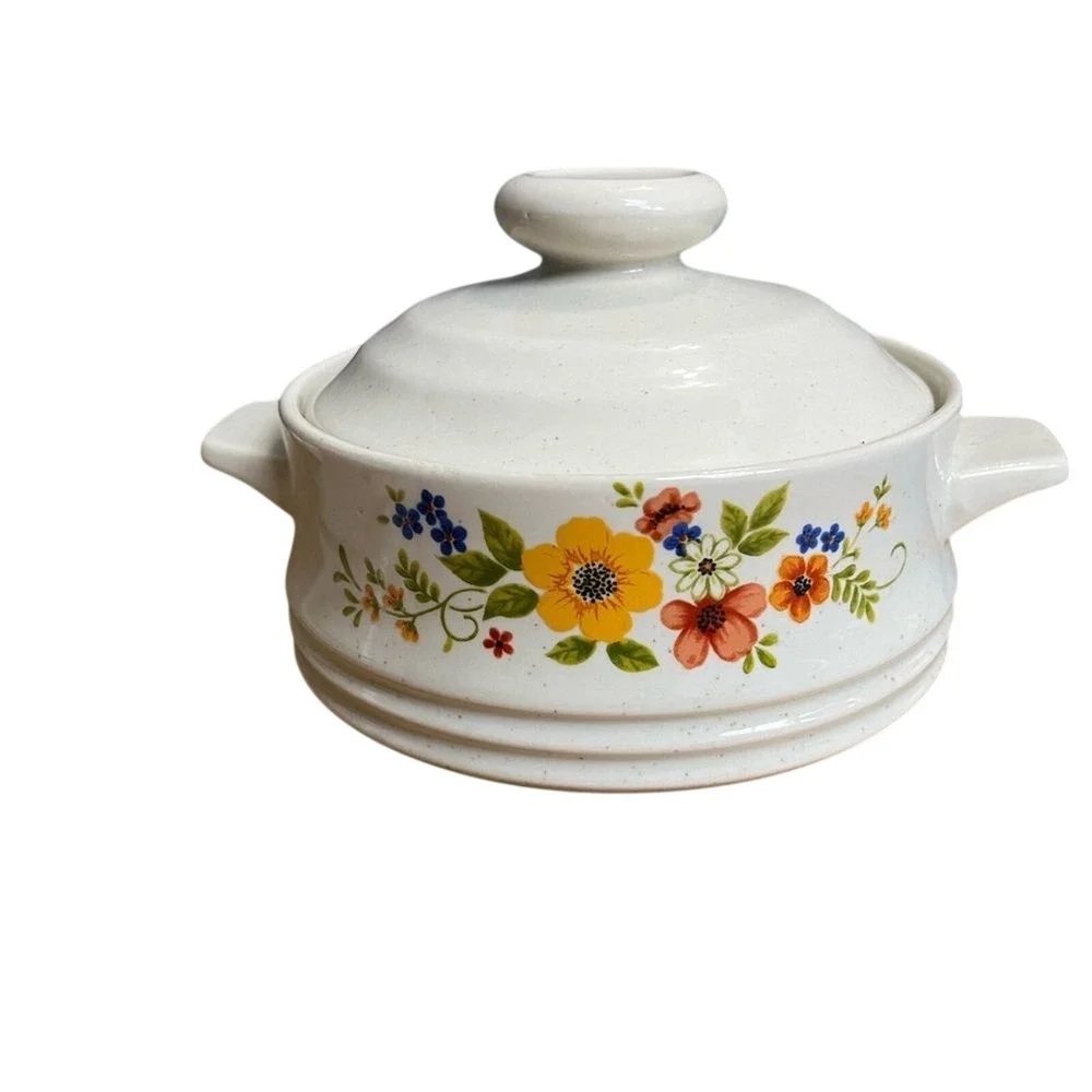 Vintage Set of‎ Sweet Flowers Serve 'N Store Stoneware Casserole Dishes w/Lid